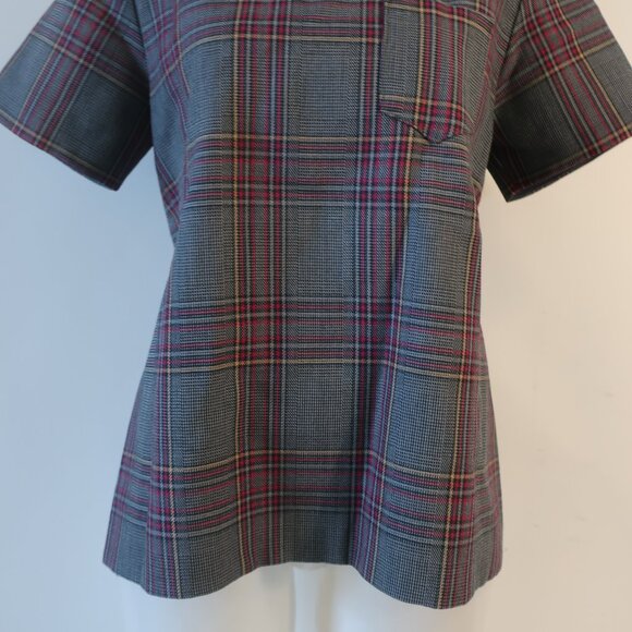 Women Sacai Black Gray Burgundy Plaid Short Sleeve Pleated Top Blouse M - Picture 6 of 14